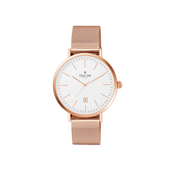 Montre épurée cadran blanc fonction heure et date bracelet rose gold maille milanaise interchangeable