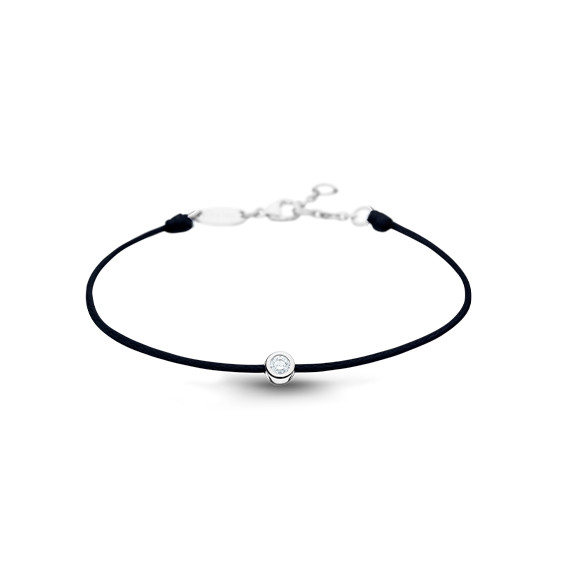 Clear Spirit bracelet from Elsa Lee Paris: one close set Cubic Zirconia 0,2ct on a black cotton waxed lace