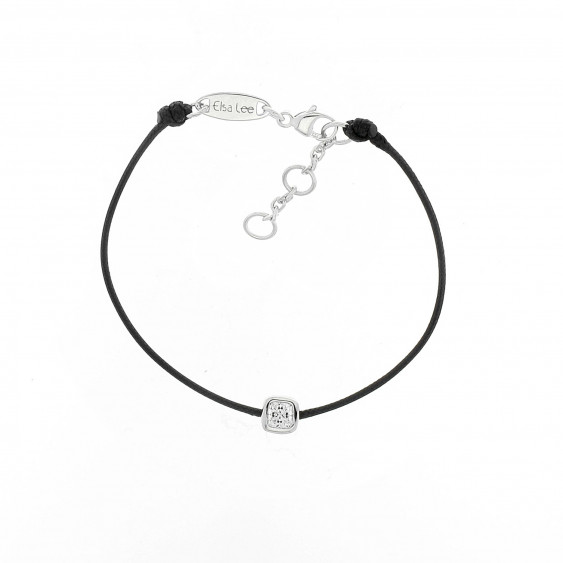 Black cotton cord bracelet with a square close set cubics zirconia. Silver 925