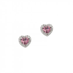 Boucles d'oreilles en Argent 925 , motif coeur, pierre rose au centre, entourée d'oxydes de Zirconium incolores (36 en tout)