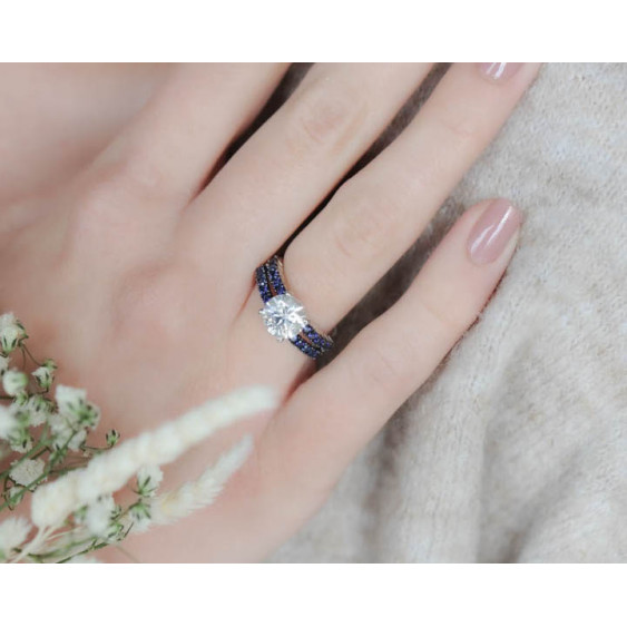 Bague Saphir 2 branches pierres bleu et solitaire blanc 