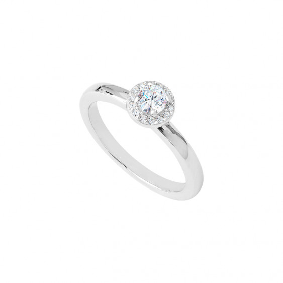 Silver solitaire ring with its central cubics zirconia and its crown of cubics zirconia sets round cut