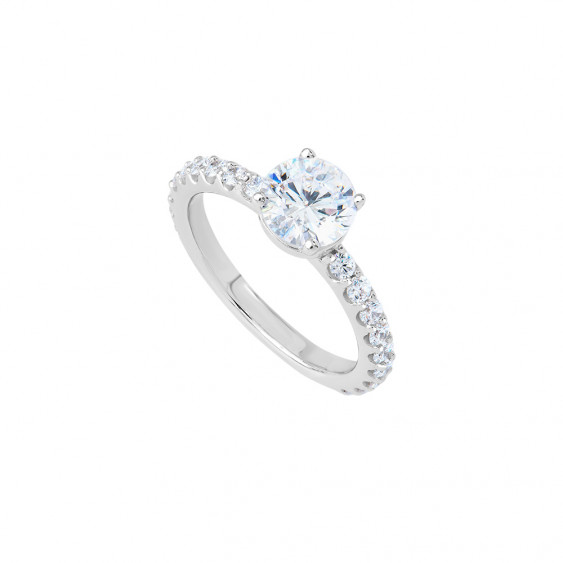 Silver solitaire ring with its central stone and rows of cubics zirconia sets on the ring body. 
