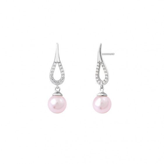 Silver dangling earrings pink pearls traditional design by Elsa Lee Paris 