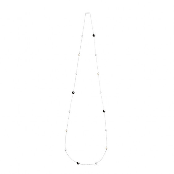 Elsa Lee Paris sterling silver long necklace,100cm with 8 clear Cubic Zirconia, 4 grey pearls and 4 white pearls