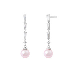 Dangling silver earrings with river of tapered baguette cut stone and pink pearls - silver jewellery collection by Elsa Lee Pari