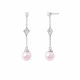 Silver dangling earrings with silver chain, diamond shaped design and soft pink pearl by Elsa Lee Paris 