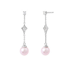 Boucles d'oreilles pendantes chaîne perles roses et design losange en argent - Elsa Lee Paris 