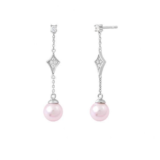 Silver dangling earrings with silver chain, diamond shaped design and soft pink pearl by Elsa Lee Paris 