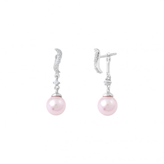 Boucles d'oreilles earjacket 2en1 en argent et perles roses, puces design vague - Elsa Lee Paris