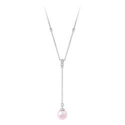 Silver Tie necklace with its dangling pink pearl by Elsa Lee Paris 