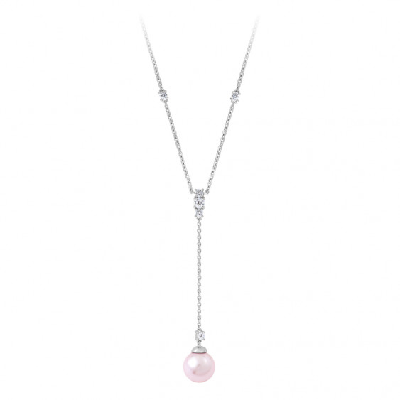 Silver Tie necklace with its dangling pink pearl by Elsa Lee Paris 