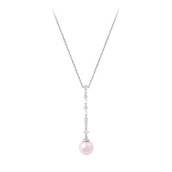 Silver tie necklace with its powder pink pearl and its tapered baguette cut cubics zirconia. Ideal to dress up your neckline 