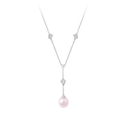 Tie necklace with pink pearl and diamond shaped design - silver jewellery from the La Vie en rose collection by Elsa Lee Paris