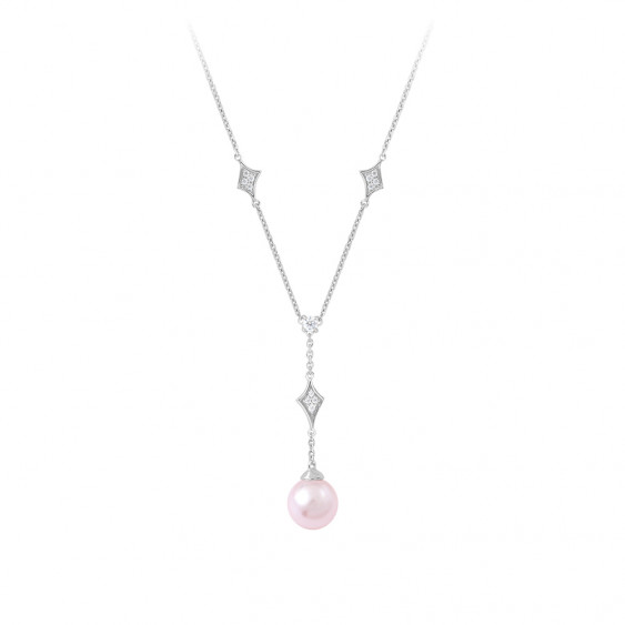 Collier cravate en argent et perle rose design losanges par Elsa Lee Paris