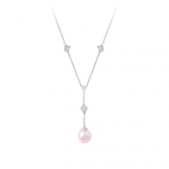 Tie necklace with pink pearl and diamond shaped design - silver jewellery from the La Vie en rose collection by Elsa Lee Paris