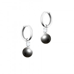 Boucles d'oreilles créoles perles grises - Petites créoles avec perle grise pendante en argent par Elsa Lee Paris 