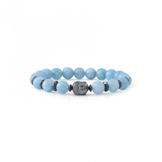 Bracelet Aigue-Marine & buddha en hématite par Elsa Lee. Bracelet bleu chakra gorge pierres naturelles protection