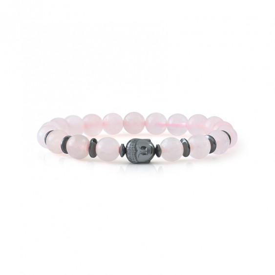 pink quartz rose bracelet buddha in hematite by Elsa Lee Paris. Protection love bracelet heart chakra