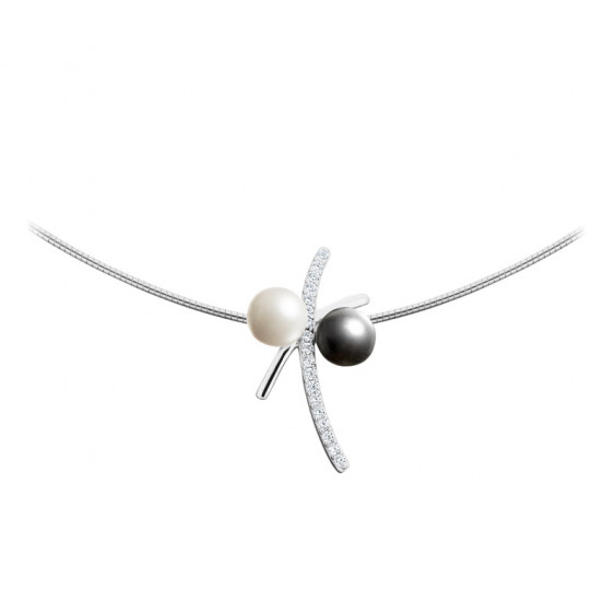 Collier Elsa Lee Paris en "Argent 925" avec 18 oxydes de Zirconium + 1 perle grise et 1 perle blanche