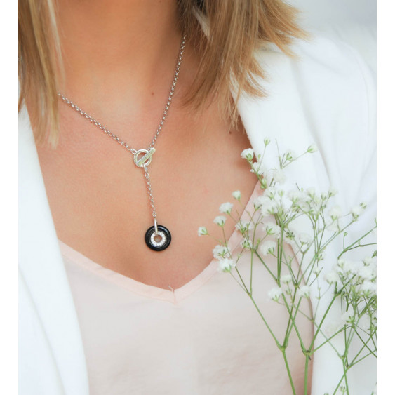Rhodium silver glow necklace, enamel and cubics zirconia