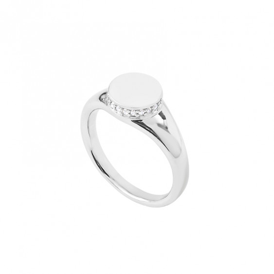 Bague chevalière pour femme en argent 925 entourage sertis oxydes plateau rond Elsa Lee Paris chevalière chaton rond