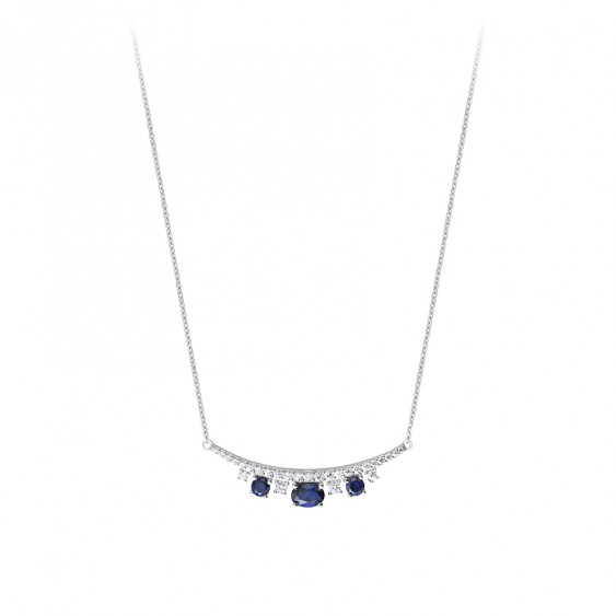 Collier 3 pierres bleues sapphire sur barrette sertis d'oxydes de zirconium. Collier en argent 925 mariant modernité et traditio
