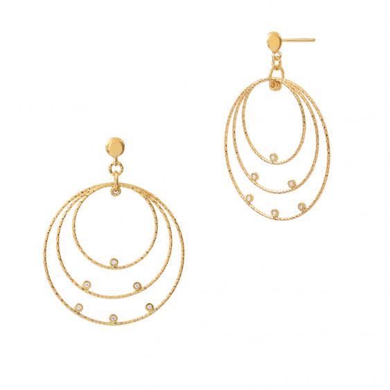 Dangling golden earrings 3 cercle ring hoop gilded hammered effect 6 close sets cubics zirconia Elsa Lee Paris