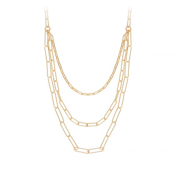 3 chain golden necklace with hammered bedecked effect and large oversized link by Elsa Lee PARIS
