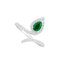 Green Emerald open ring in 925 silver with a pear shaped green cubic zirconia set and 41 white cubics zirconia