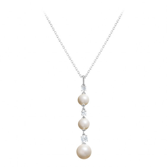 Elsa Lee Paris sterling silver necklace with 3 white pearls and 2 clear Cubic Zirconia