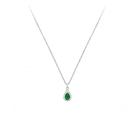 Emerald green tear shaped pear cut pendant on a silver necklace by Elsa Lee Paris 