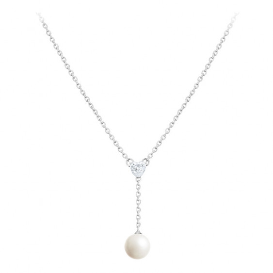 Elsa Lee Paris sterling silver necklace with 1 white pearl and 1 heart shaped clear Cubic Zirconia