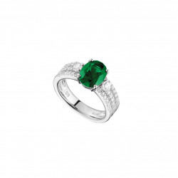 Emerald green oval cut 3 row paved silver ring by Elsa Lee PARIS traditional design