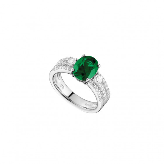Emerald green oval cut 3 row paved silver ring by Elsa Lee PARIS traditional design