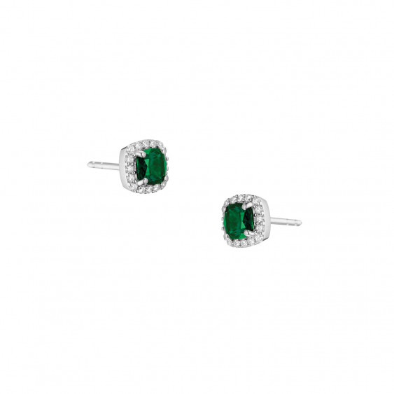 puces d'oreilles vert émeraude design traditionnel carré avec son entourage - boucles d'oreilles vert émeraude en argent