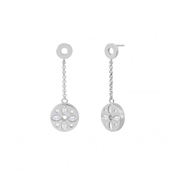 boucles d'oreilles rose des vents pendantes en argent par créatrice de bijoux Elsa Lee. Boucles d'oreilles Rosace