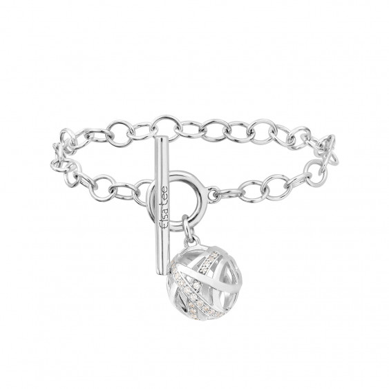 Bracelet pendentif boule en argent 925 avec fermoir T sertis d'oxydes de zirconium par Elsa Lee Paris 