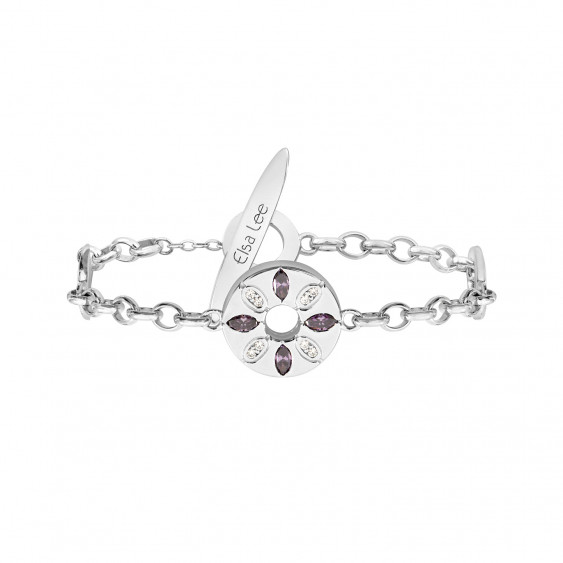 Bracelet Rosace et Rose des Vents en argent médaillon argent pierres violettes et blanches