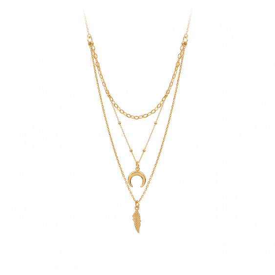 Moon and Feather golden necklace with 3 different chains bohème chic style by ELSA LEE Paris