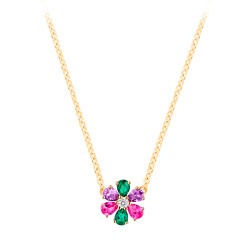 Flower Necklace in golden with fuchsia, green and purple petals pendant golden silver jewellery - Elsa Lee Paris