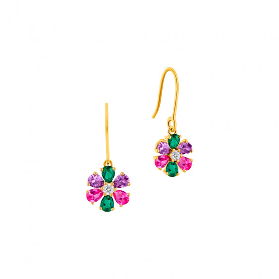 Golden Dangling Flower earrings multicolor petals yellow silver by Elsa Lee