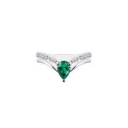 Silver V ring Emerald green pear cut stone 2 row silver ring by Elsa Lee