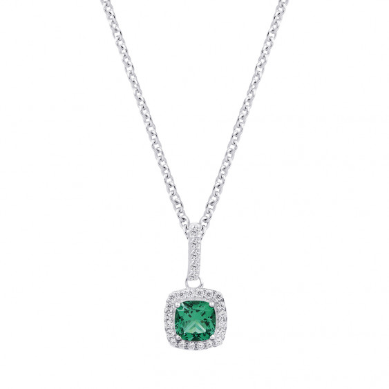 Silver necklace emerald green cushion square cut cubic green pendant - Elsa Lee Paris