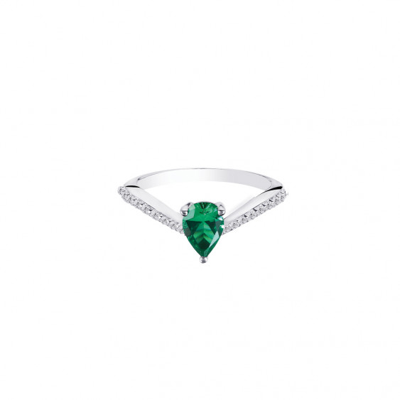 Silver V Ring emerald green pear cut stone silver ring set - Elsa Lee Paris
