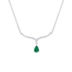 Silver V shape necklace emerald green pear cut stone - Elsa Lee Paris