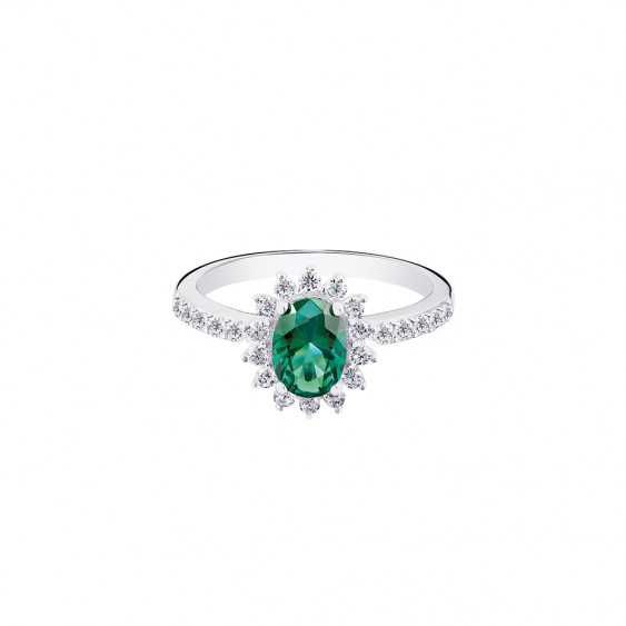 Silver ring with oval cut emerald green stone Pompadour Marquise flower ring - Elsa Lee Paris