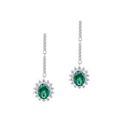 Silver Dangling earrings oval cut emerald green stone Pompadour Marquise set surround - Elsa Lee