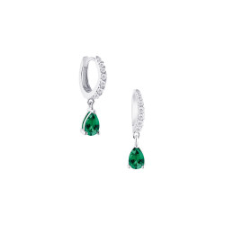 Silver hoop earrings little pear cut emerald green stone- Elsa Lee Paris