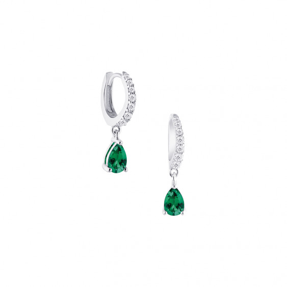 Silver hoop earrings little pear cut emerald green stone- Elsa Lee Paris